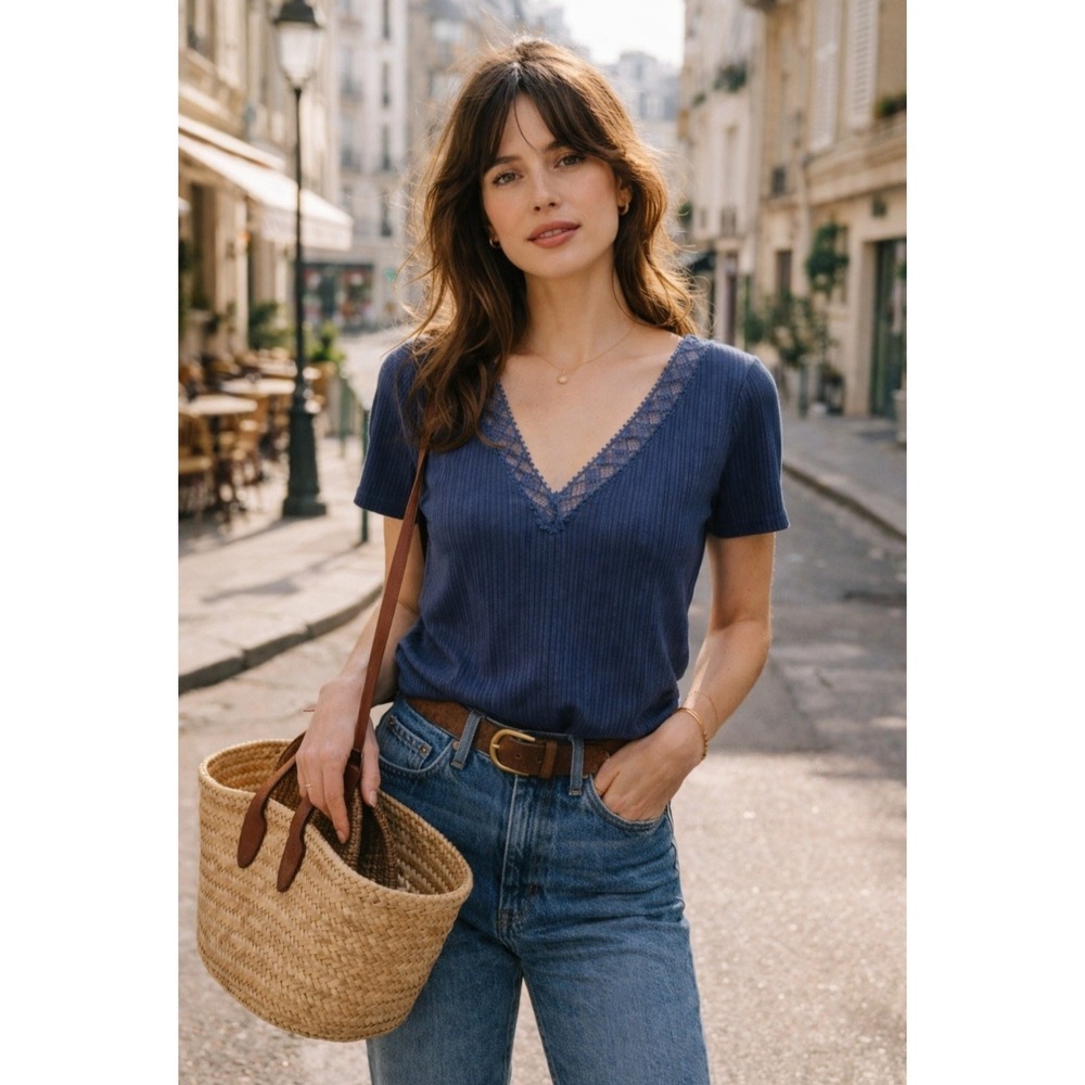 Sezane Anael Romantic Lace Trim Neckine Double V Cut Cotton Top Womens Size XS